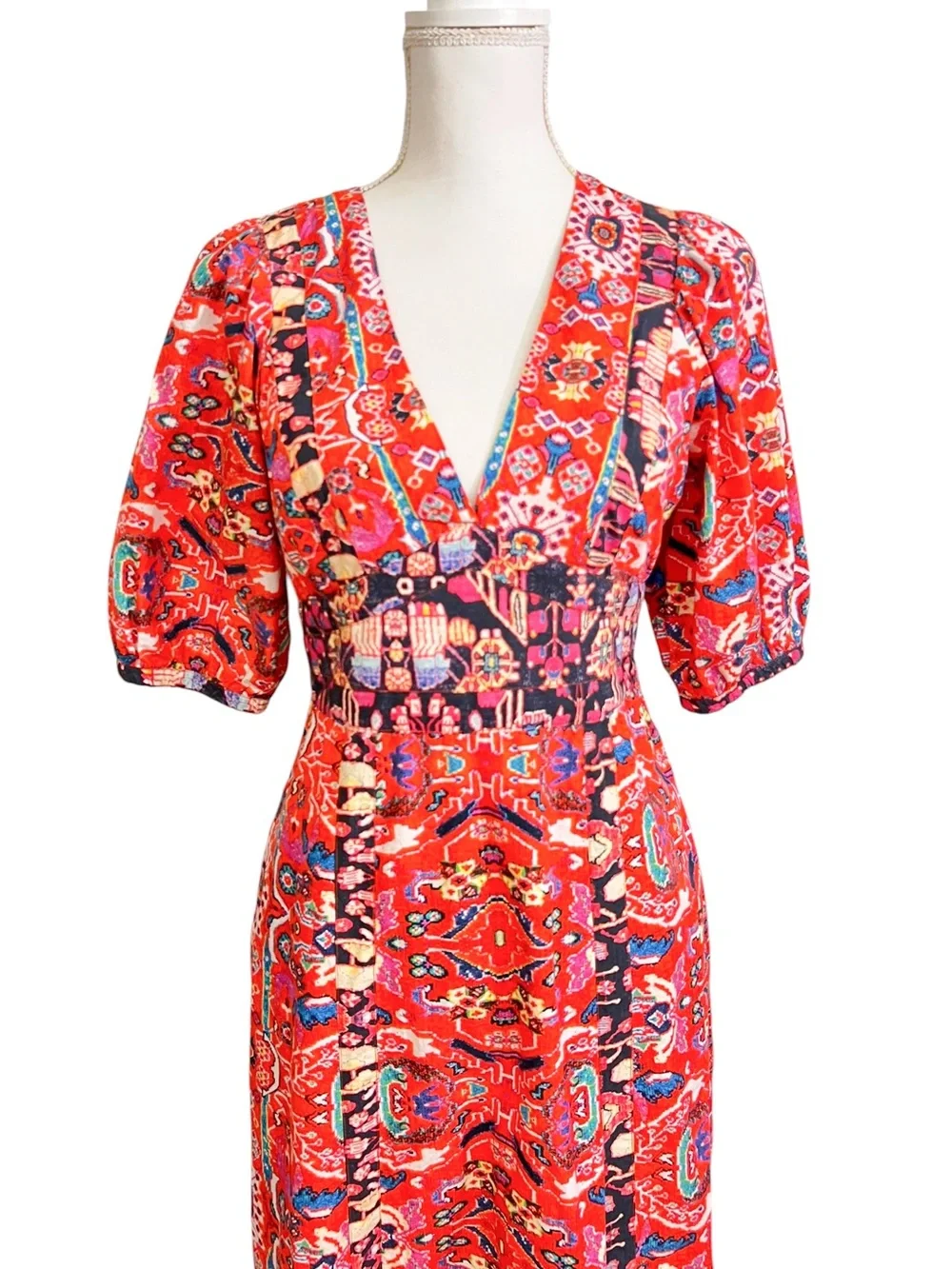 Anthropologie Midi Dress Cotton Patchwork Paisley Tile Print Puff Sleeve Size 4 - Picture 3 of 8